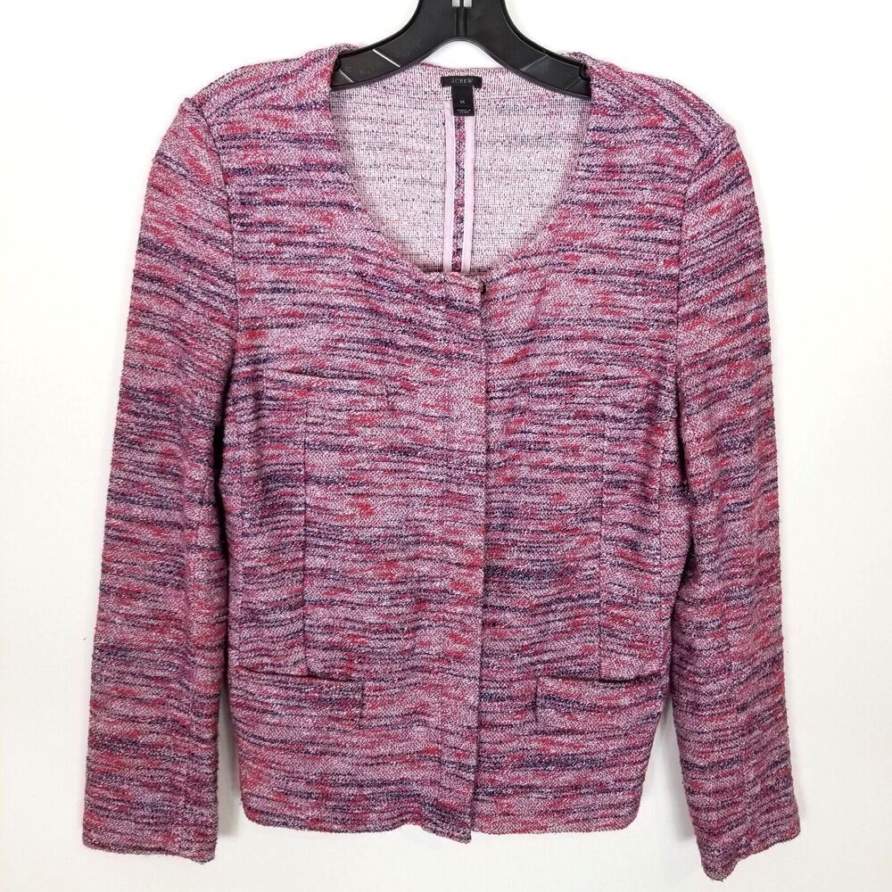 J. Crew Women  Micro Tweed Zip Up Front Jacket Sz‎ M Pink Carrier Preppy Office